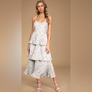 Cascading Crush Pale Blue Floral Print Tiered Bustier Midi Dress SZ XS